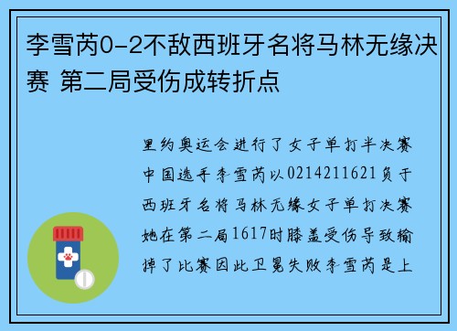 李雪芮0-2不敌西班牙名将马林无缘决赛 第二局受伤成转折点
