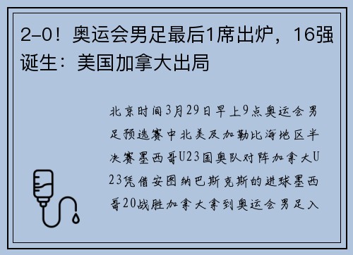 2-0！奥运会男足最后1席出炉，16强诞生：美国加拿大出局